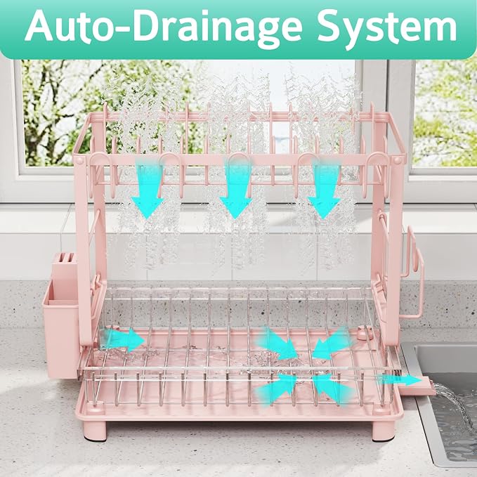 2-Tier Dish Drying Rack for Kitchen Counter, Space-Saving, Pink - Image 3