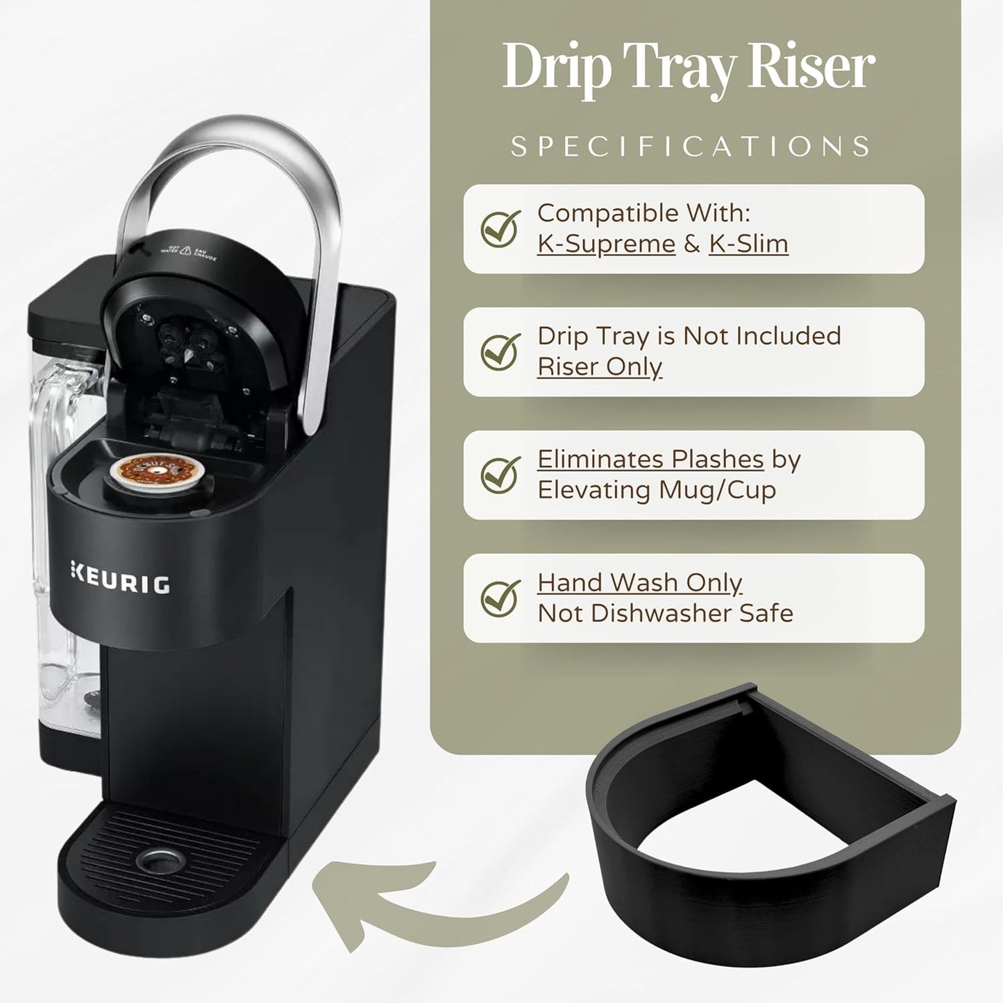 Drip Tray Mug/Cup Riser Made for the Keurig to Reduce Splashes - Riser Only (Black, K-Slim 1.25 inches Tall)