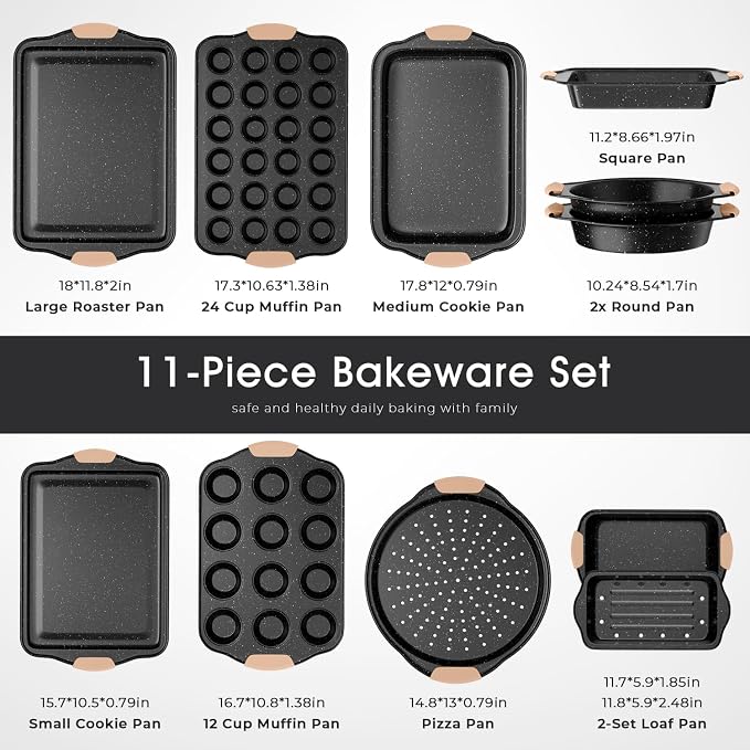 11-Piece Baking Pans Set, Nonstick Bakeware Sets, Oven Pans, Khaki&Black | Stackable Non-Toxic Baking Set with Silicone Handles, Includes Cookie Sheet, Cake Pans, Loaf Pan, Pizza Pan, Muffin Pan - Image 2