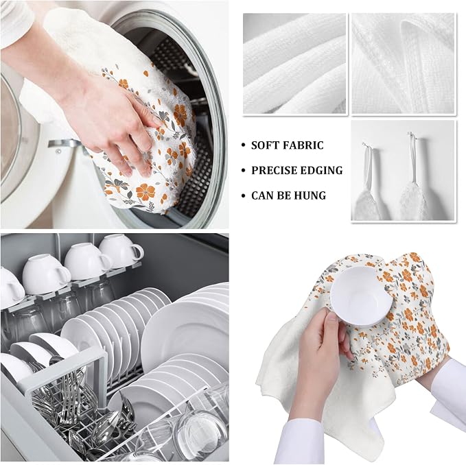 Kitchen Towels Microfiber Cleaning Cloths, Flower Orange Grey Cherry Blossoms White Background Soft Dish Towels for Kitchen, Pack of 3 Absorbent Hand Towels Reusable Tea Towels,Bar Towels,18x28 Inch - Image 5