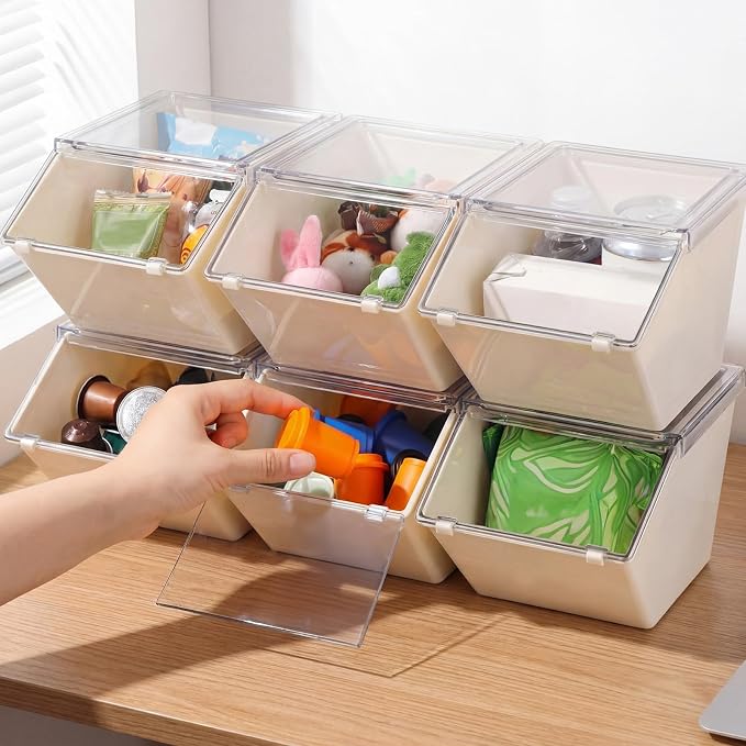 Yerliker 6 Pcs 4 Pcs Stackable Storage Bins with Lids Organizer, White - Image 3