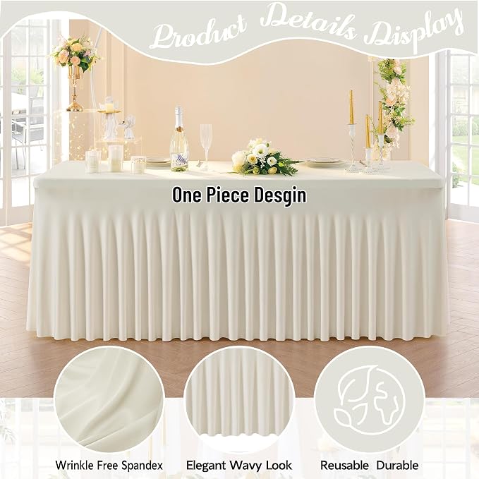 Leegleri 6 Pack Ivory Spandex Table Clothes for 6ft Rectangle Tables, Wrinkle Free Fitted Tablecloths for Parties, Weddings, Banquets, Baby Showers - Image 3