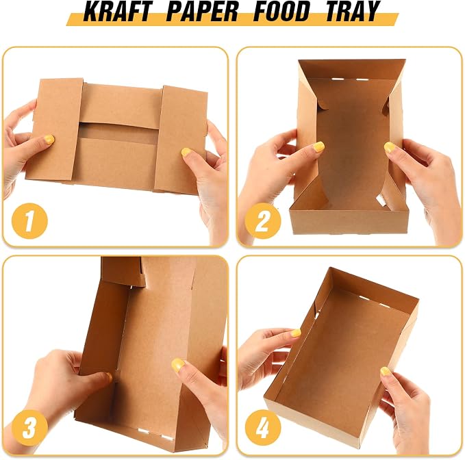 Potchen 400 Pcs Kraft Food Trays 4 Corner Pop up Food Tray Disposable Foldable Cardboard Movie Night Snack Trays Party Container Box for Holding Drink at Stadiums or Theaters (Brown) - Image 4