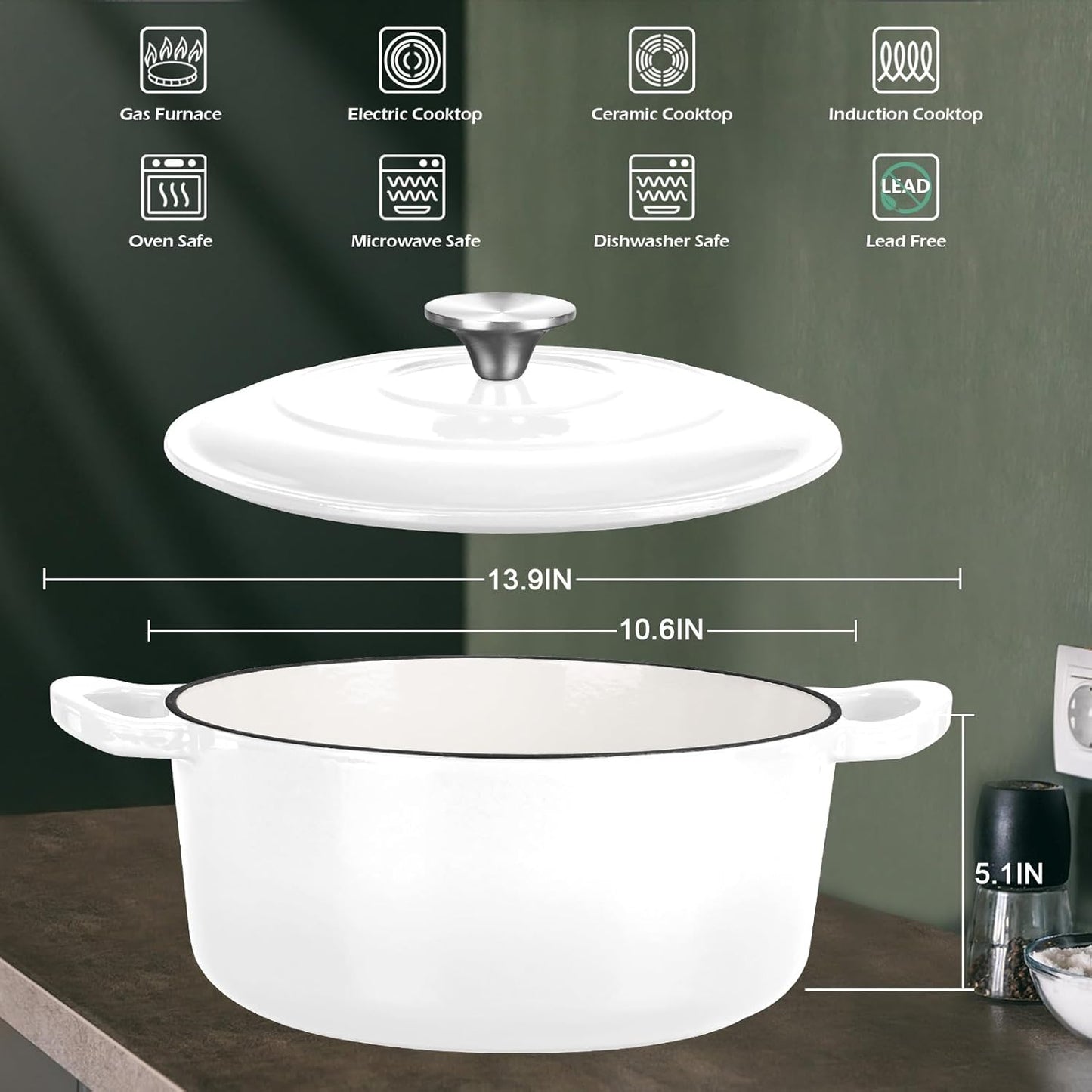 6 Quart Dutch Oven with Lid, Leonyo 6QT Enameled Cast Iron Dutch Oven for Sourdough Bread Baking, Heavy Duty Cookware for Braising, Stews, Roasting, White