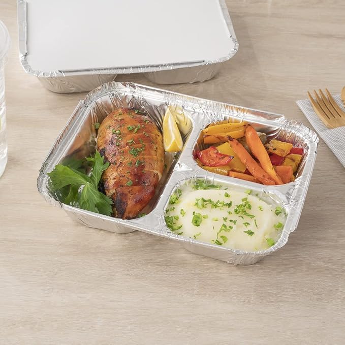 Restaurantware Foil Lux 23 Ounce Aluminum Food Containers 100 Rectangle Aluminum Pans - Lids Sold Separately 3 Compartments Silver Aluminum Foil Containers For Storing Baking And Meal Prep - Image 6