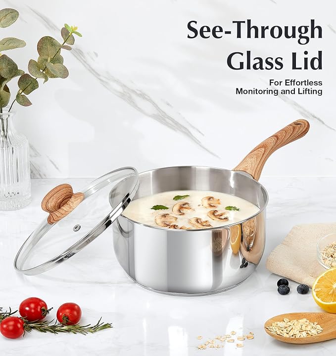 KOCH SYSTEME CS Stainless Steel Saucepan Set 1QT 2QT 3QT, 18/10 Stainless Steel Sauce Pan with Glass Lid, Even Heating Sauce Pot with Wood Grain Stay Cool Handle, Induction Compatible, Dishwasher Safe - Image 4