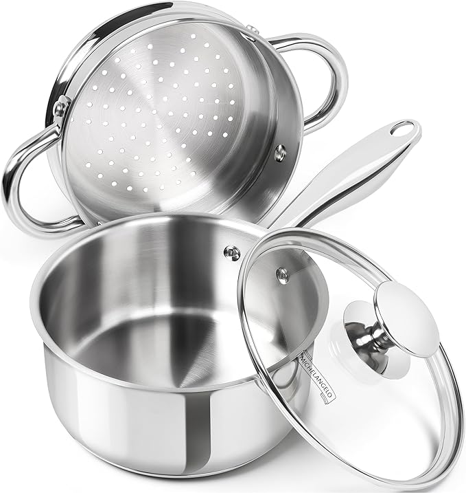 MICHELANGELO 1.5 Quart Saucepan with Steamer, Stainless Steel Saucepan with Lid, Triply Bottom Induction Compatible, Multipurpose Sauce Pot, Dishwasher Safe by Michelangelo