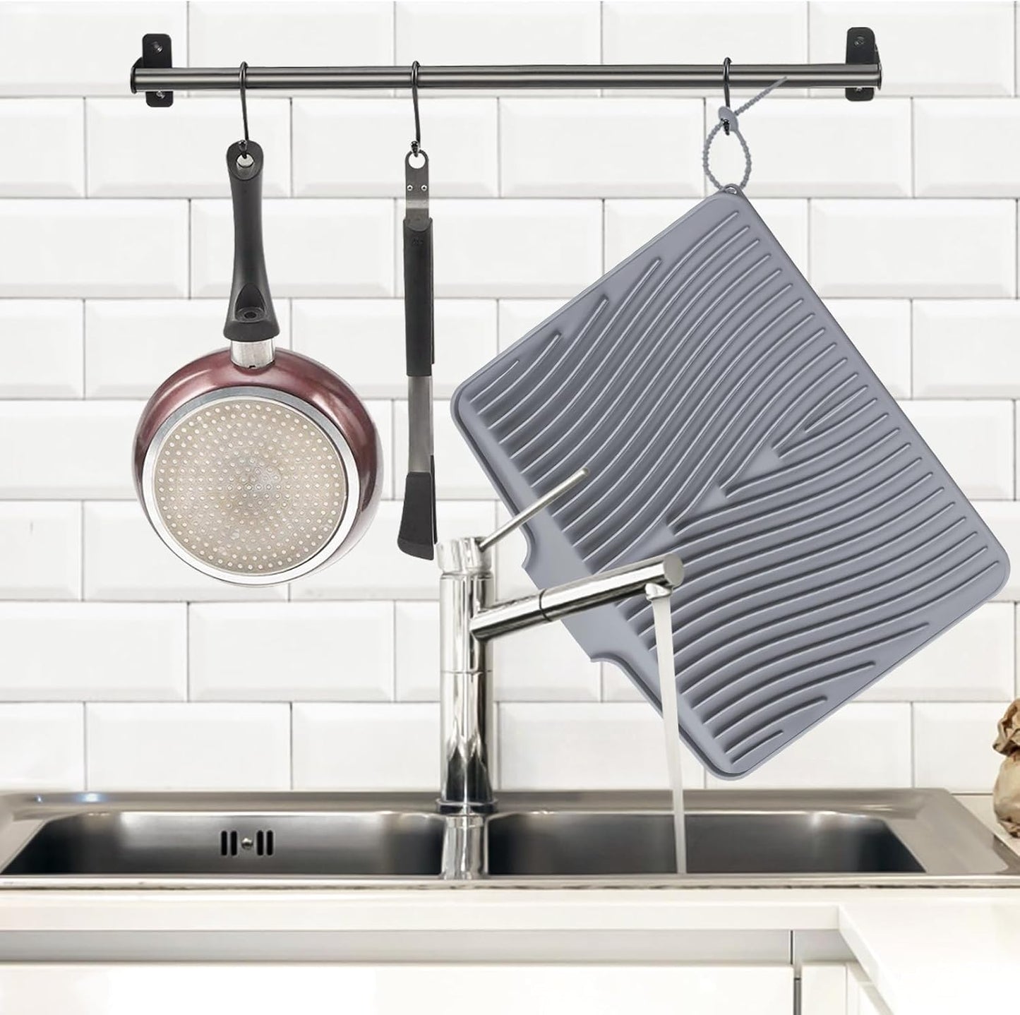 Dish Drying Mat, Stone Drying Mat for Kitchen Counter with Built-in Drain, Non-Slip Drying Matt Kitchen Counter, Heat Resistant Silicone Drying Mat, Dish Drying Pad, 2 Pcs(Grey 19.7" x 17")