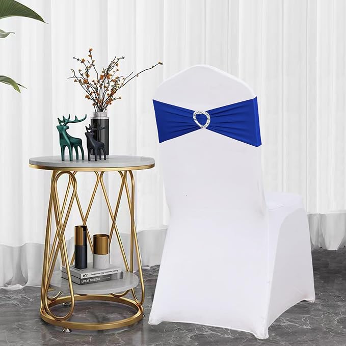 Royal Blue Chair Sashes 25 Pack Spandex Blue Sashes for Chairs Covers Universal Stretch Chair Sashes Band with Heart Buckle Slider for Wedding Banquet Party Decorations - Image 4