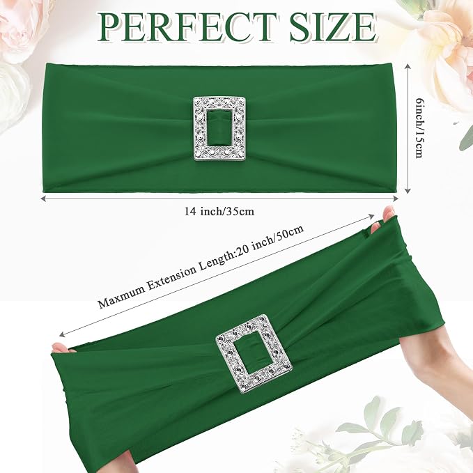VitalCozy 100 Pcs Spandex Chair Sashes Wedding, Square Buckle, Green - Image 2