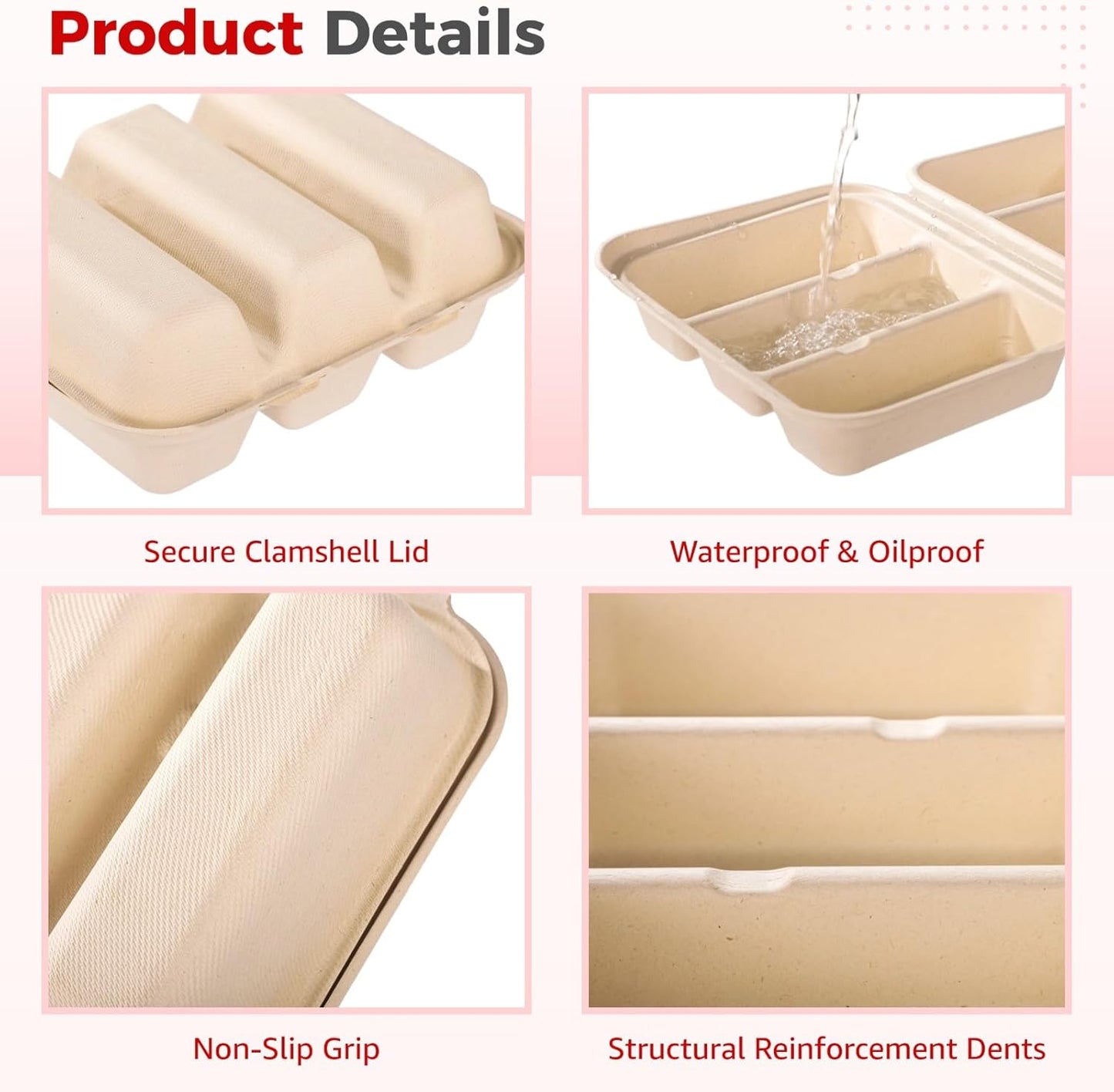 100 PCS Taco Plates Disposable with Lid, 3-Slot Taco Holder, Bagasse Pulp Takeout Food Holders for Tacos, Hot Dogs, Sandwiches, Outdoor Lunch and Party Serving (With Lid)