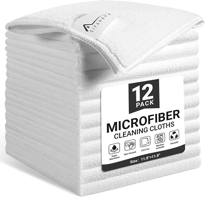 SIFANGKE Microfiber Cleaning Cloth, 12 Pack Lint-Free and Highly Absorbent Rags, White Reusable Microfiber Towels for Car, Kitchen, Bathroom and Household Cleaning Supplies, 11.8"X11.8" by Unknown