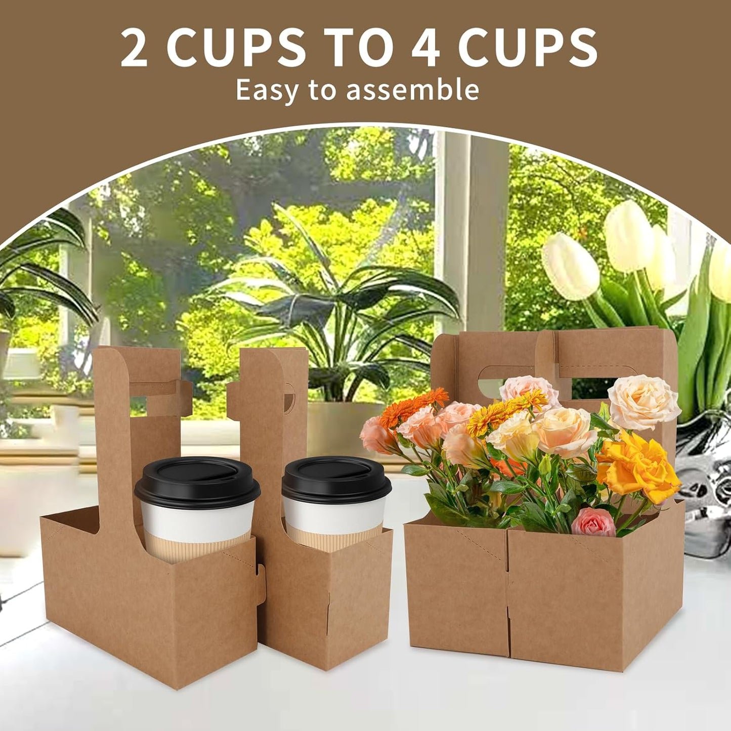 100 Pcs Coffee Drink Carrier with Handle (12-30oz) 2 Cups or 4 Cups,Disposable Paperboard Cup Holder with Handle,Disposable Cup Holders for Drinks,Great for All Your Drink and Food Delivery