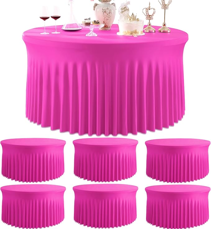 6 Pack Hot Pink Spandex Round Tablecloths for 60 inch Table, Stretchy 120inch Fitted 5FT Fuchsia Round Table Cloths, Wrinkle Free Table Cover with Skirt for Wedding Party Dining Banquet by Htper
