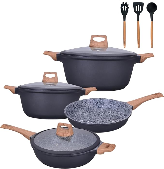 Kochstelle 10pcs Pots and Pans Set Nonstick with Wood Handles, Granite Cookware Set, Frying Pan, Saucepan and 3 Cooking Utensils by KOCHSTELLE
