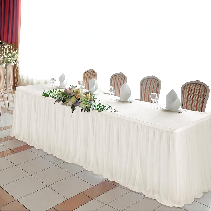 108in Ivory Tulle Table Skirts for Rectangle Tables 6/8/4ft, 2 Layer Gold Grim Ruffle Cream Tulle Tutu Table Skirt 9ft Decor Wedding Birthday Party Baby Shower Cake Dessert Tables(No Table Cover) - Image 7