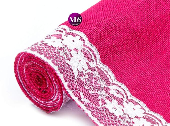 VDS Pack of 25, Burlap Table Runner with White Lace Edge, 100% Natural Jute Rustic Hessian Table Cloth Centerpiece for Wedding Birthday Party Banquet Table Decoration (Size 12X108 Inch)(Magenta) - Image 5