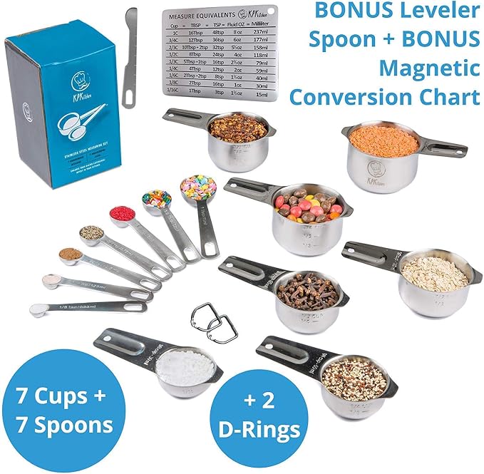 KPKitchen Silicone Baking Mats Set of 5 and Stainless Steel Measuring Cups and Spoons Set of 14-2 Half Sheets Mats + 1 Quarter Sheet Liner + 1 Round & 1 Square Cake Mat - 7 Metal Cup & 7 Metal Spoon - Image 3