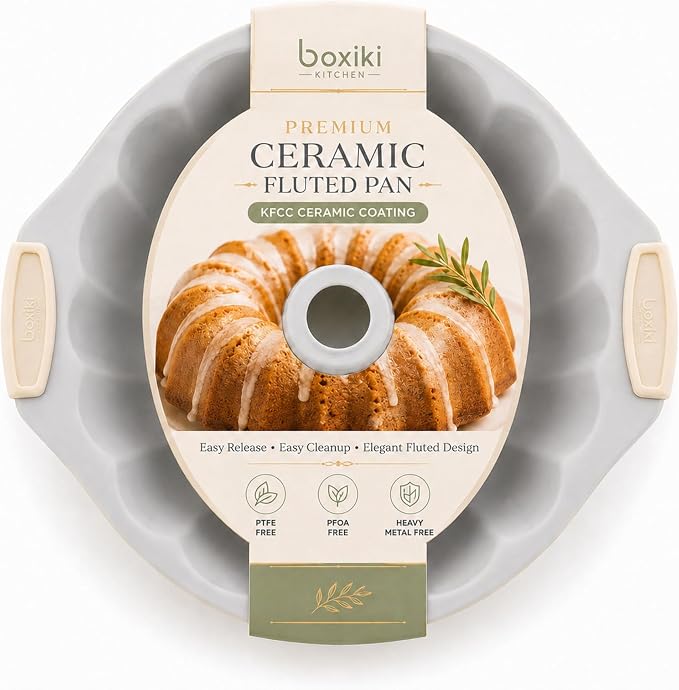 Boxiki Kitchen Ceramic Fluted Cake Pan, 12 x 10 x 3 Inches Nonstick Pound Cake Pan, Heavy Duty 0.6mm Aluminized Steel, KFCC Korean Ceramic Coating, Oven Safe to 550°F, PFAS-Free, Large Tube Cake Mold by Boxikikitchen