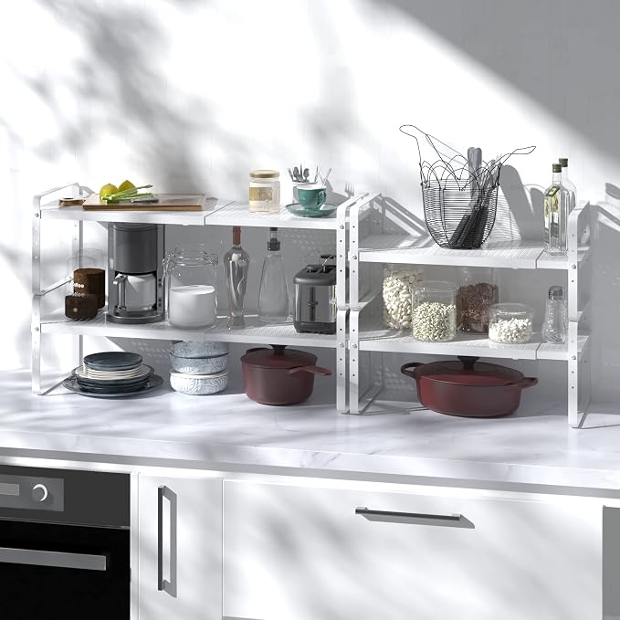 Expandable Cabinet Shelf Organizer Adjustable Metal Spice Rack Stackable Freestanding Counter Storage Shelves for Kitchen Cabinet Under Sink Office Desk (White - 2Pack - L16.5-27'' * W10.2'' * H9.6'') - Image 3