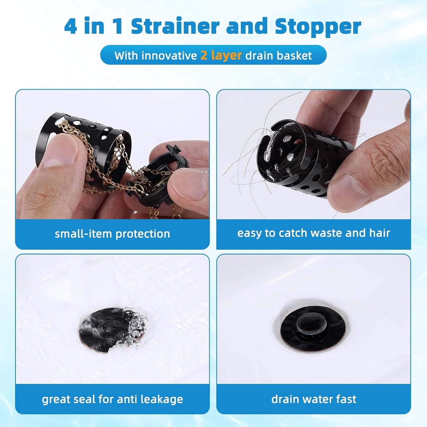 Universal Bathroom Sink Stopper Hair Catcher Upgraded with 2-Layer Detachable Filter Basket, 4 in 1 Pop Up Drain Strainer, Anti-Clog, Odor-Block, Fit for 1.1''~2.36'' Sinks, Oil Rubbed Bronze