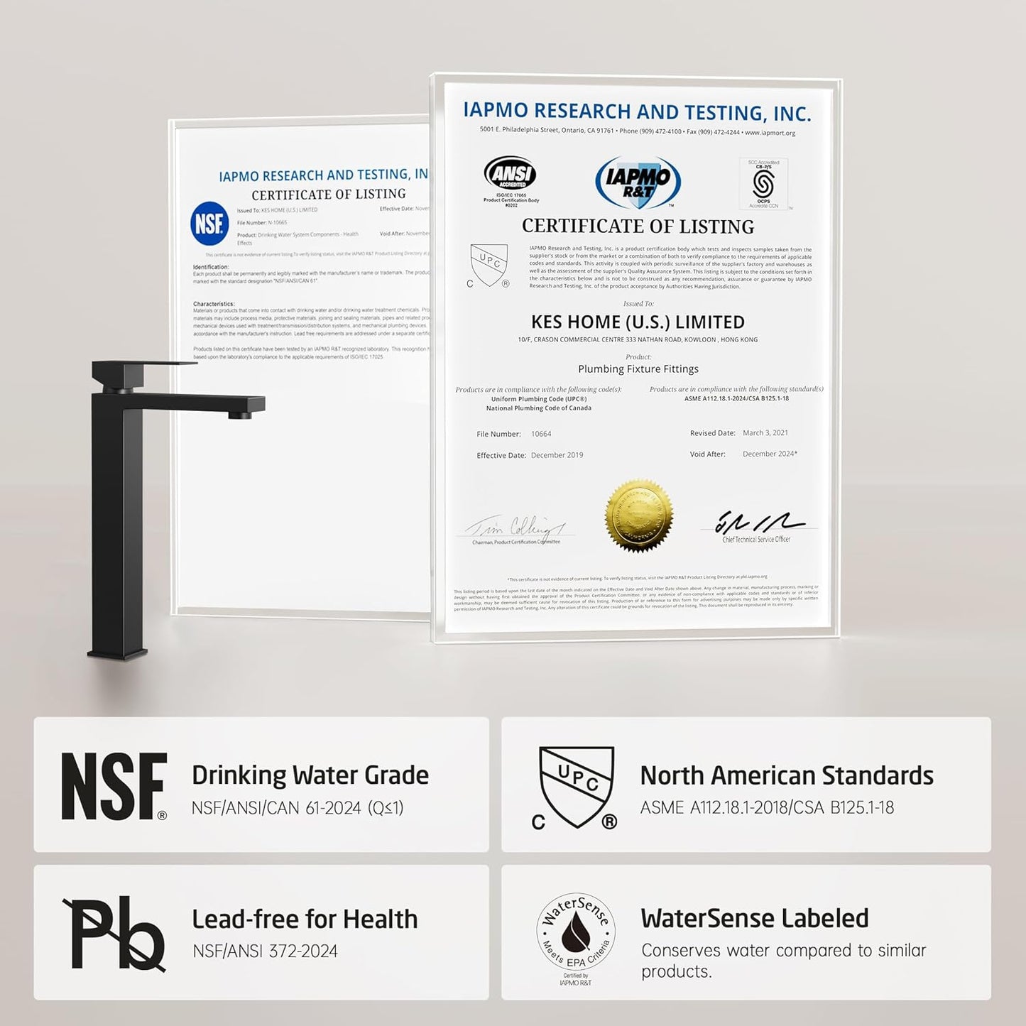 KES Bathroom Faucet Black Vessel Sink Faucet cUPC Certified, Single Hole Tall Bathroom Faucet Stainless Steel, L3156BLFF12-BK