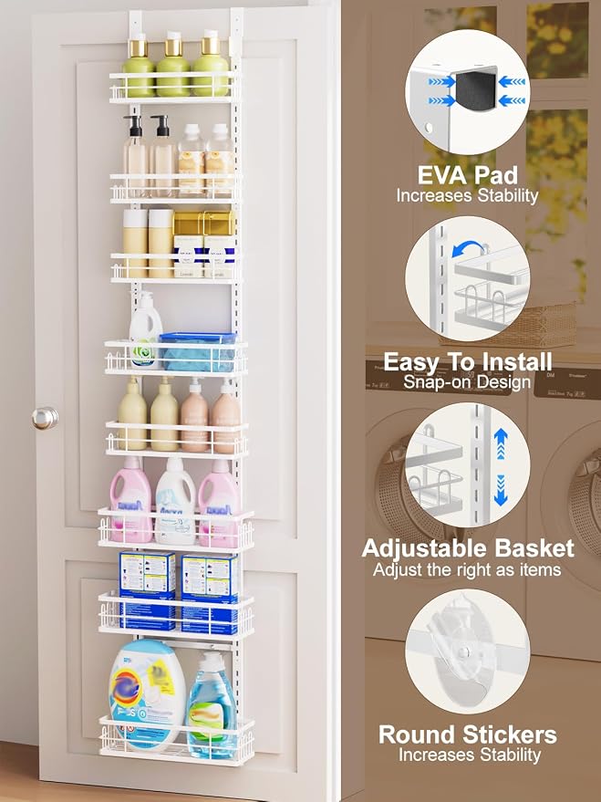 Delamu 9-Tier Over the Door Pantry Organizer, Adjustable Pantry Door Organizers and Storage, Metal Hanging Basket Wall Spice Rack Seasoning Organizer, Door Organizer Kitchen Bedroom Bathroom,12"White - Image 4