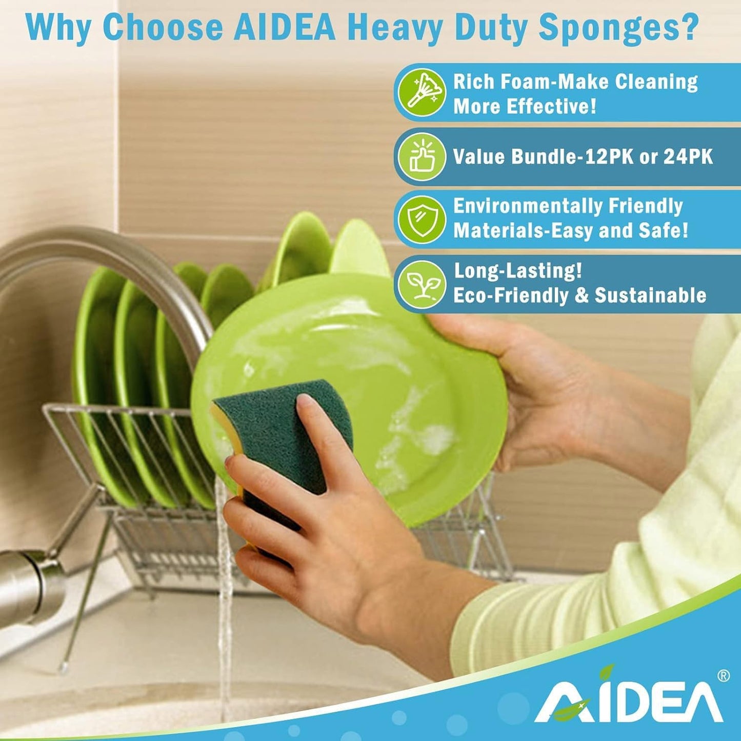 AIDEA Heavy Duty Scrub Sponge-12 Count, Kitchen Dish Sponge, Stink-Free Cleaning Sponge, Effortless Cleaning Eco Scrub Pads for Dishes,Pots,Pans All at Once