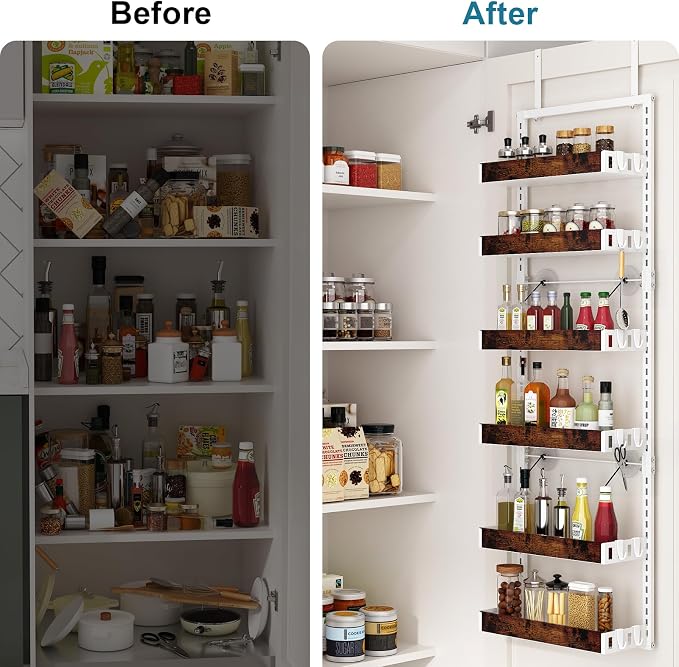 bukfen Over the Door Pantry Organizer, 6-Tier Adjustable Wooden Basket Kitchen Pantry Door Organization and Storage, Heavy-Duty Metal Hanging Kitchen Spice Rack,D6.3 x W17.71 x H50.60 inch,White - Image 6