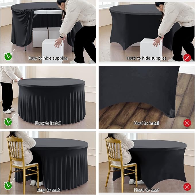 leegleri 10 Pack Spandex Black Round Tablecloths for 72in Table, Wrinkle Free Fitted 6FT Round Table Cover with Skirt for Wedding Birthday Party Bridal Shower Banquet - Image 5