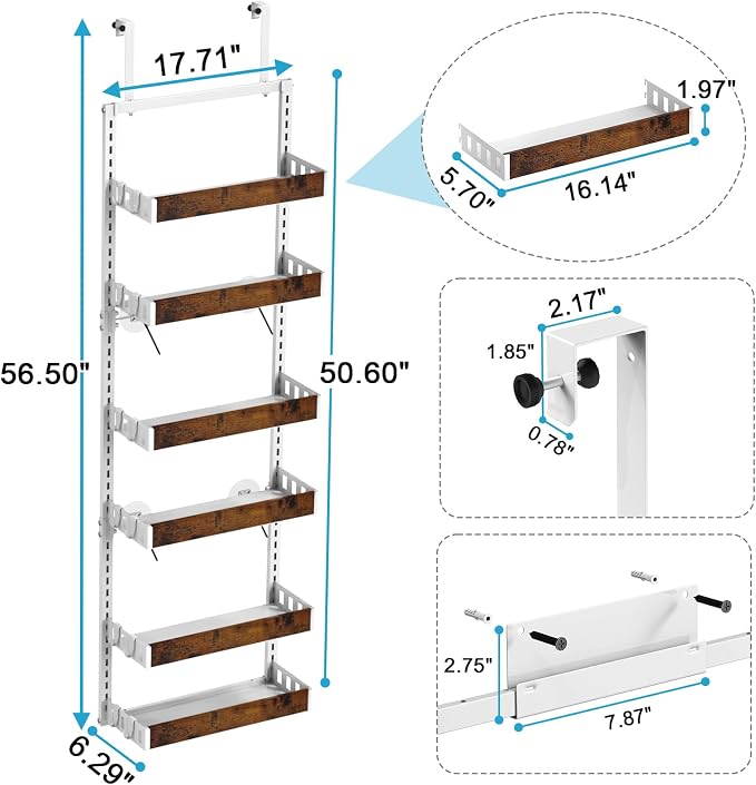 bukfen Over the Door Pantry Organizer, 6-Tier Adjustable Wooden Basket Kitchen Pantry Door Organization and Storage, Heavy-Duty Metal Hanging Kitchen Spice Rack,D6.3 x W17.71 x H50.60 inch,White - Image 2
