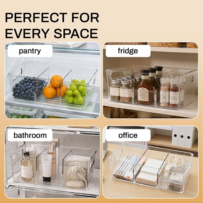Mpotmiy 4-Pack Pantry Organizers and Storage, Clear Fridge Organizer Bins | Clear stackable plastic bins with removable dividers for packets, snacks, pouches and spices in pantry, fridge or freezer. - Image 7