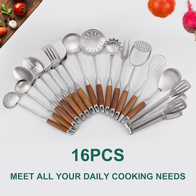 304 Stainless Steel Cooking Utensils Set with Wooden Handle, 16 Pcs Long Heat Resistant Metal Kitchen Utensils Set, Stainless Steel Kitchen Utensils Set with Spatula, Turner, Whisk, Ladle - Image 7