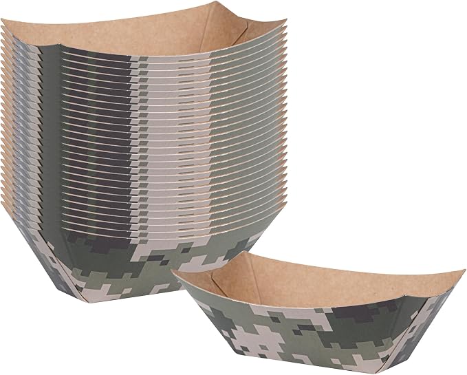 Restaurantware-Bio Tek 2 Ounce Food Trays, 50 Disposable Paper Food Trays - Heavy-Duty, Greaseproof, Camouflage Paper Food Boats, for Snacks, Appetizers, Or Treats, Use At Parties Or Carnivals by Restaurantware