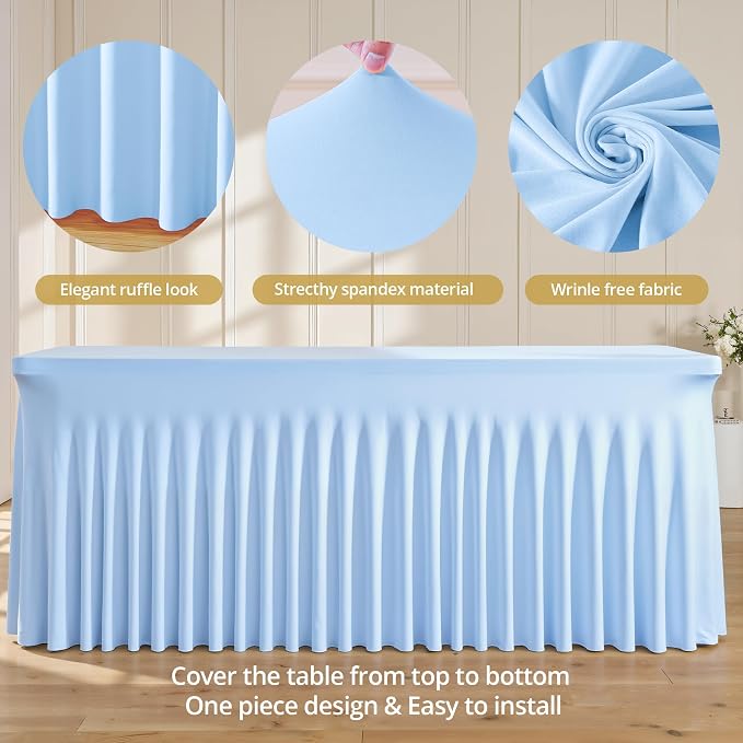 6 Pack 8ft Baby Blue Spandex Table Cloths for Rectangle Tables Wrinkle Free Rectangle Tablecloths, Stretch Fitted Table Cover with Skirt for Baby Shower Boy Birthday Party Wedding Banquet Buffet - Image 6