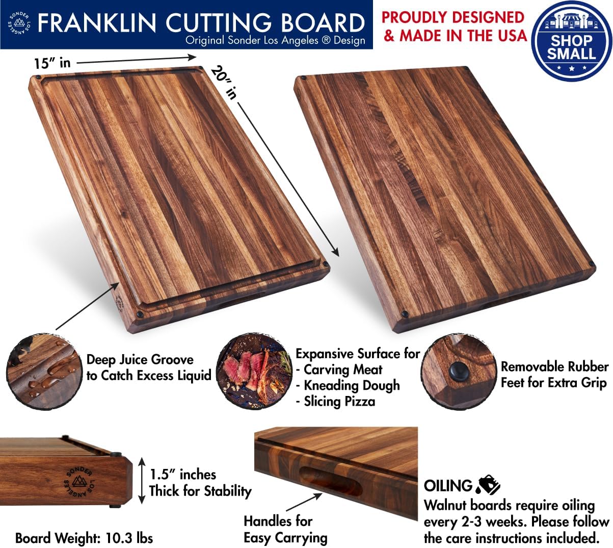Sonder Los Angeles, Made in USA, Large Thick Edge Grain Walnut Wood Cutting Board with Non-Slip Feet, Juice Groove for Kitchen 20x15x1.5 in (Gift Box Included)