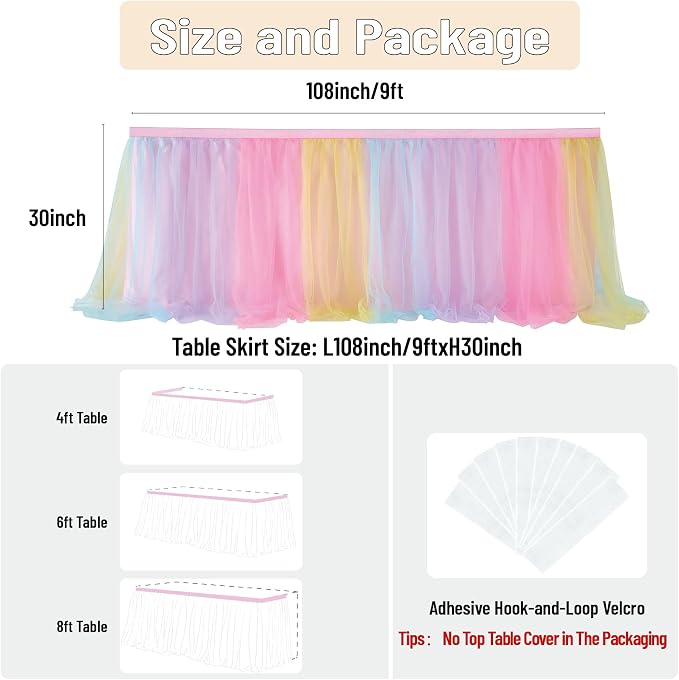 108in Rainbow Tulle Table Skirts for Rectangle Tables 6/8/4ft, 2-Layer Pastel Color Unicorn Ruffle Tulle Tutu Cloth Table Skirt 9ft for Girl Birthday Party Baby Shower Cake Dessert(No Table Cover) - Image 5