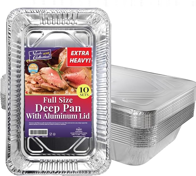 Full Size Aluminum Pans With Lids, 21x13 Large Disposable Roasting & Baking Deep Foil Pans - 10 Pack - Extra Heavy Duty Durable Chafing Trays for Restaurants, Steam Table, Buffets & Bakeware by NicoleHomeCollection