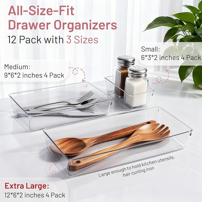 12 Pack Large Drawer Organizer Bins - Clear Plastic Bathroom Drawer Organizer Trays - Heavy Duty Kitchen Drawer Dividers for Utensils - Non-Slip Storage Bins for Makeup, Bedroom, Office Desk - Image 2