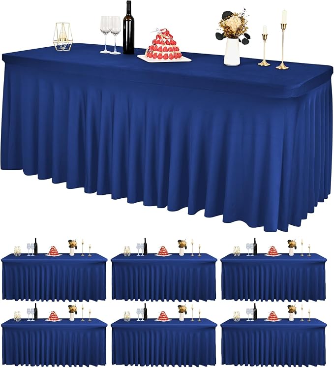 6 Packs Navy Blue Spandex Table Clothes for 6 Ft Tables by REWOMC