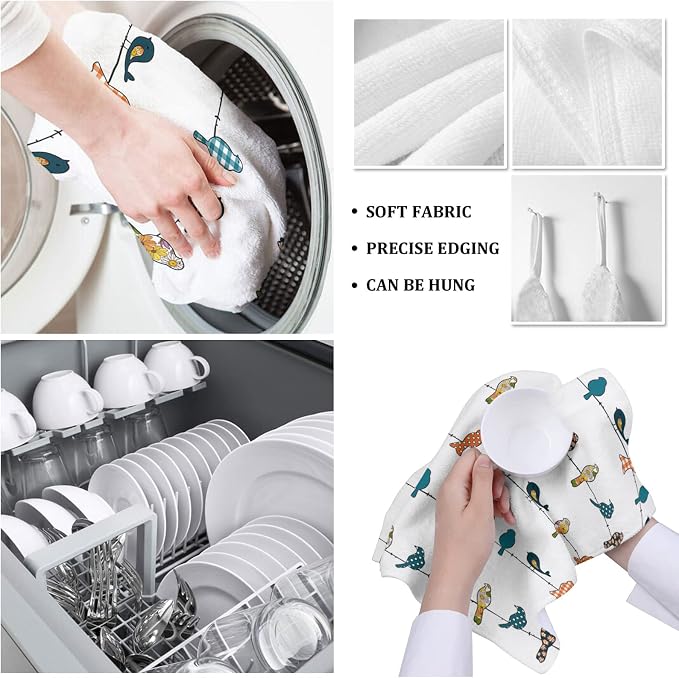 Smile Sunflower Kitchen Towels Microfiber Cleaning Cloths, Birds on The Wire Teal Grey Orange Soft Dish Towels for Kitchen, Pack of 2 Absorbent Hand Towels Reusable Tea Towels,Bar Towels,18x28 Inch - Image 5