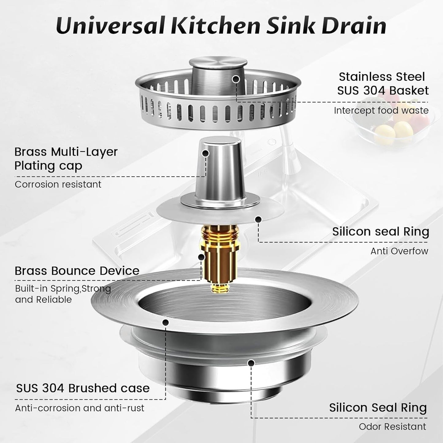 Kitchen Sink Drain Strainer – 304 Stainless Steel 3-in-1 Pop Up Design, Anti-Clogging Sink Strainer Basket for US Standard 3.5" Kitchen Drain, Water Storage & Debris Filter