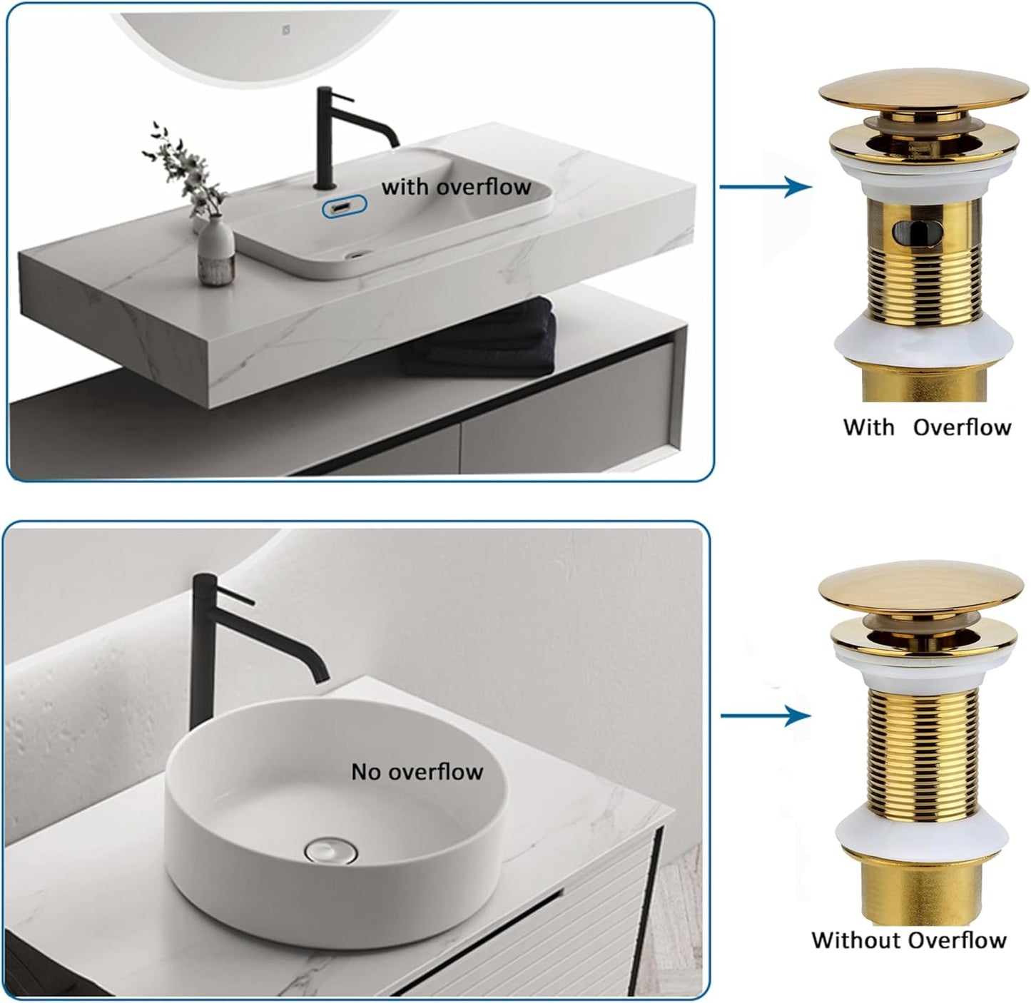 Bathroom Sink Drain, 5 Pack Gold Drain Stopper Bathroom Sink with Overflow, Pop Up Drain Assembly with Detachable Strainer Basket, Built-in Anti-Clogging Strainer,Stainless Steel