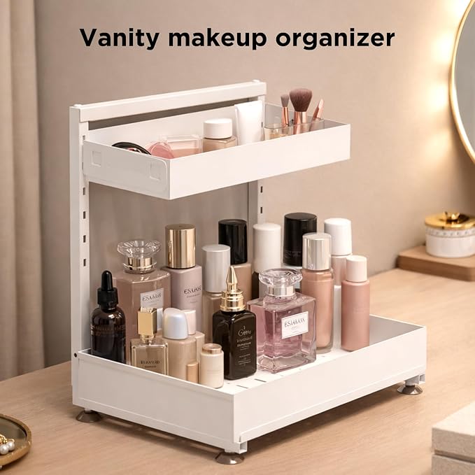 Under Sink Organizer Bathroom Kitchen: 2 Pack 2 Tier Metal Under Cabinet Storage with Height-adjustable Shelf and Pull out Rack for Pantry Vanity Cupboard Counter Countertop, White - Image 8