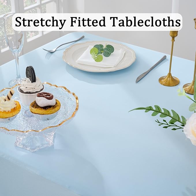 2Pack Baby Blue Spandex Table Clothes for 6 Foot Rectangle Tables, Fitted Table Cover 6ft Stretch Tablecloths Desk Skirt for Parties Weddings Birthday Banquet Baby Shower - Image 2