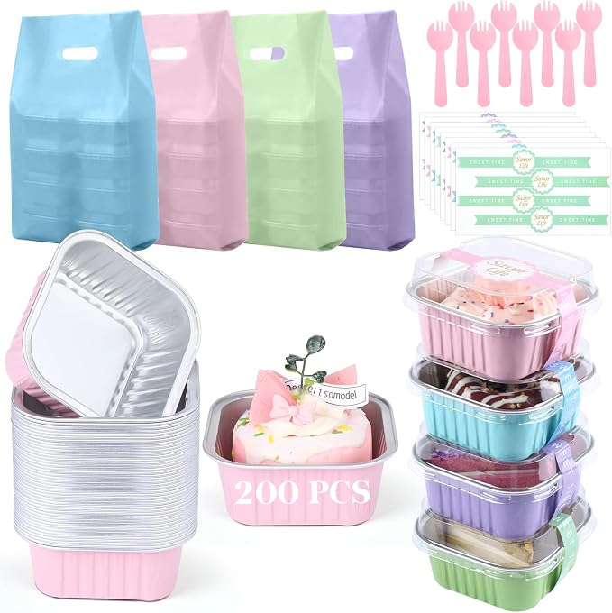 848 Pcs Macaron Mini Cake Pans with Lids Spoons | Back to School, Disposable, 200 5oz Aluminum Foil Baking Pans, 200 Lids 200 Spoons 200 Sealing Stickers 48 Gift Bags, Desser by Acellegic