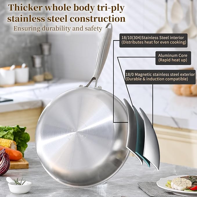 DELARLO Tri-Ply Stainless Steel Pan,18/10, 12"+Lids - Image 2