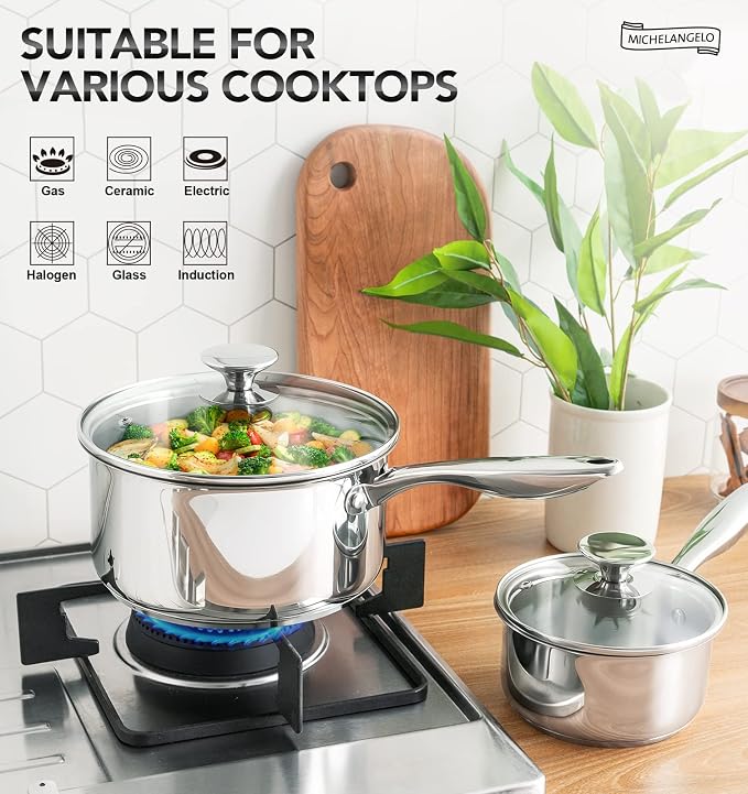 MICHELANGELO 1Qt & 2Qt Tri-ply Stainless Steel Saucepan Set, Small Cooking Pots with Tempered Glass Lids, Induction Ready, Oven & Dishwasher Safe, Multipurpose Sauce Pans for Home Kitchen & Restaurant - Image 3