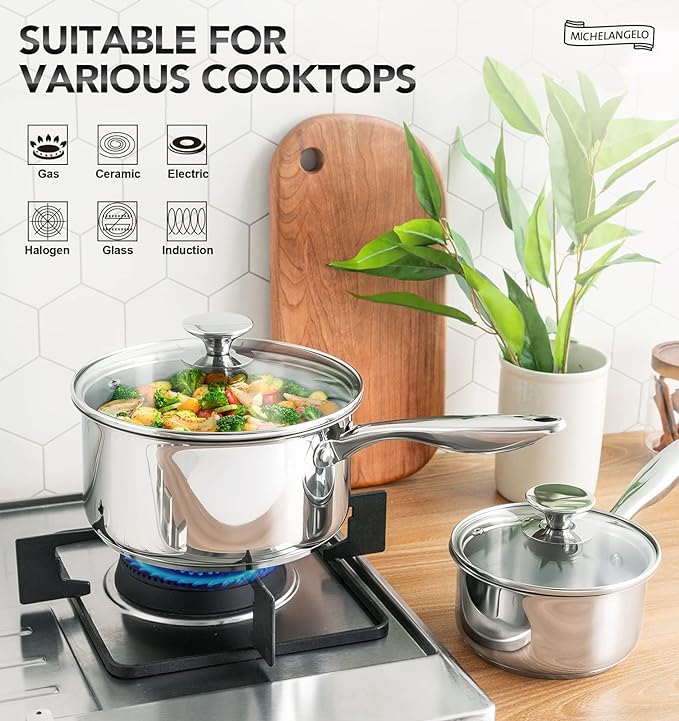 MICHELANGELO Tri-ply Stainless Steel 4 Qt Saucepan with Glass Lid, 4 Quart Pot with No Coating, Even Heating, for All Cooktops & Induction Compatible - Silver - Image 3