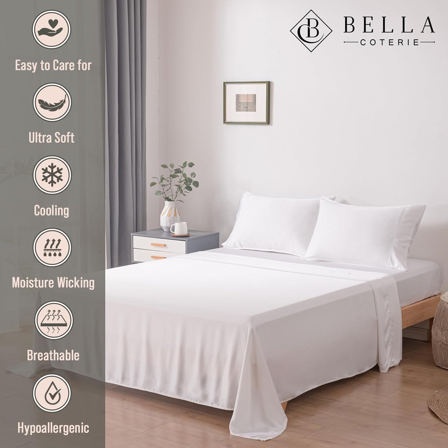 Bella Coterie Luxury Bamboo Viscose Twin XL Size Sheet Set | 100% Organically Grown | Ultra Soft | Cooling for Hot Sleepers | 18" Deep Pocket [White]